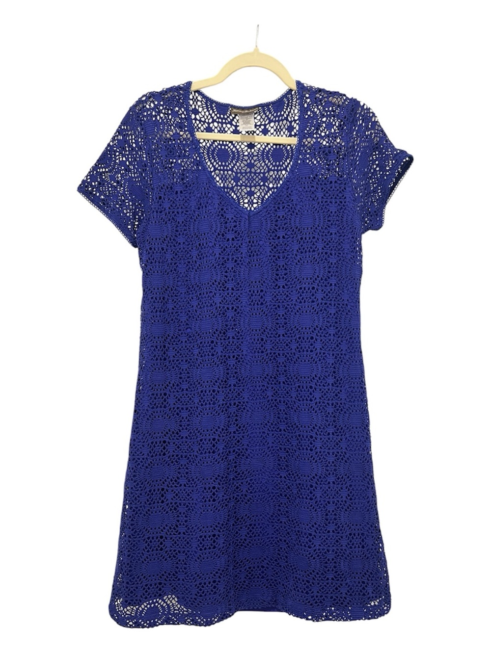 Tommy Bahama Royal Blue Crochet Lace V Neck Shift Dress Boho Resort Beach Medium
